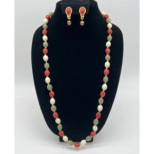 Monet Vintage Gold-Tone Clip-On Earrings & 33" Beaded Necklace Set Red Green Whi